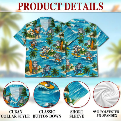 Surfing Shark Hawaiian Shirt, Summer Holiday Aloha Beach Party Shirt for Men Women