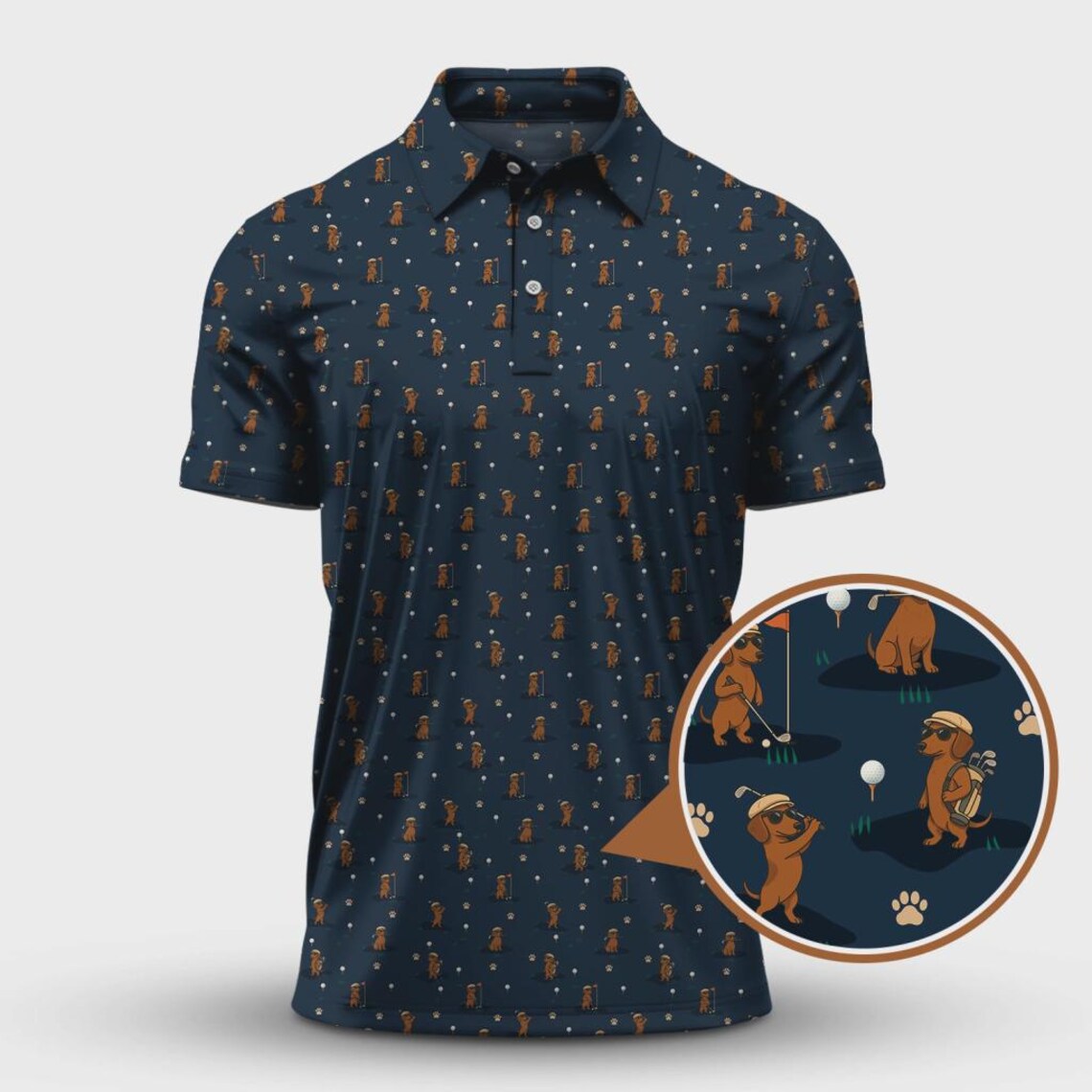 Wiener Dog Pattern Golf Shirt, Dachshund Golf Shirt, Golf Gift For Men, Funny Golf Shirt For Golfer