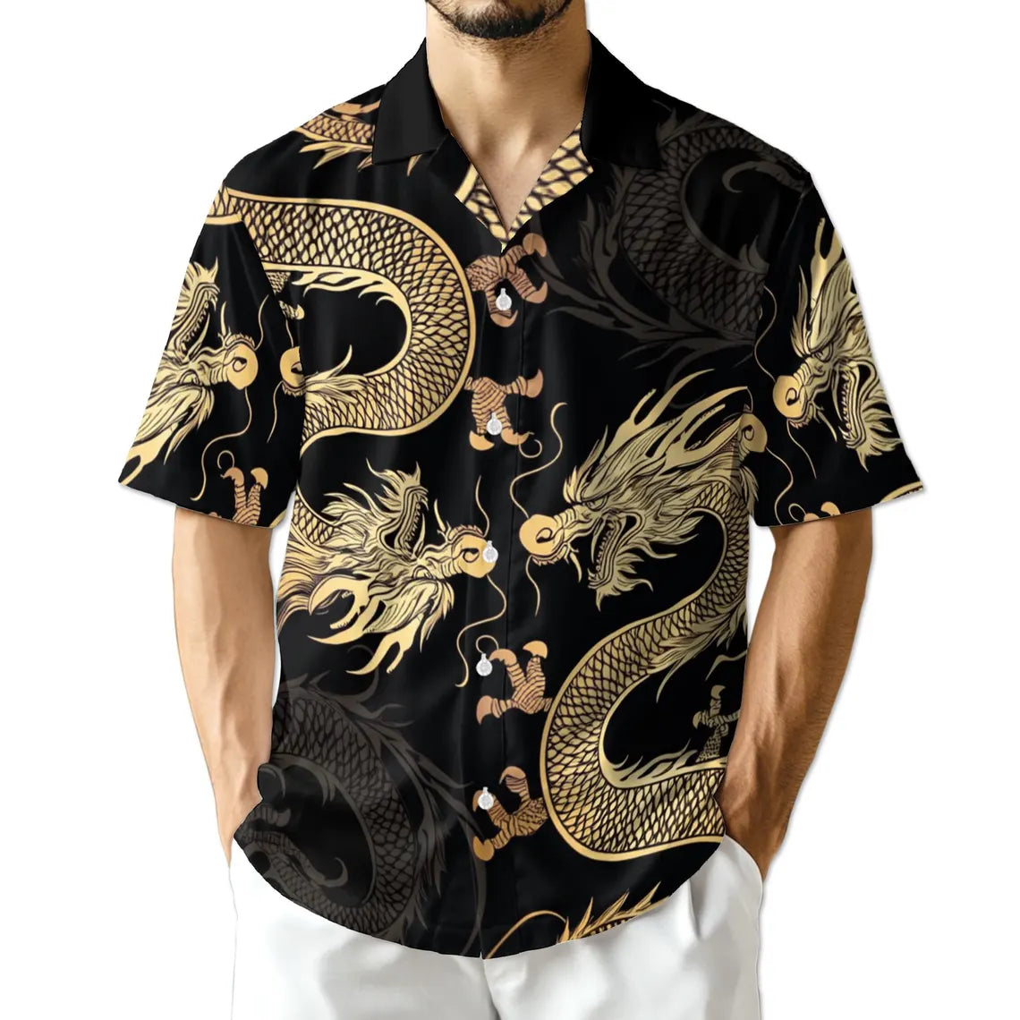 Japanese Dragon Hawaiian Shirt, Dragon Aloha Button Up, Unique Beach Shirt