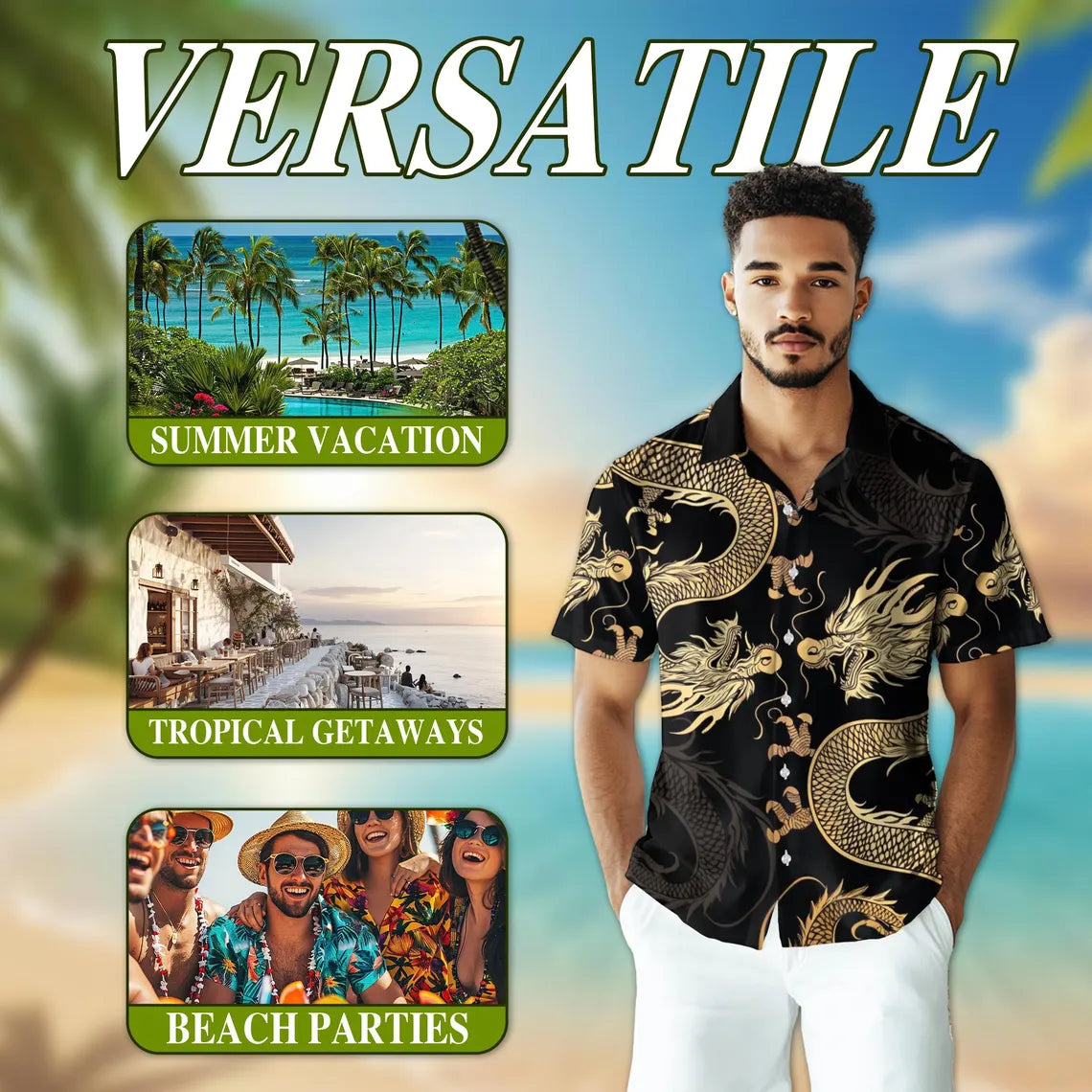 Japanese Dragon Hawaiian Shirt, Dragon Aloha Button Up, Unique Beach Shirt