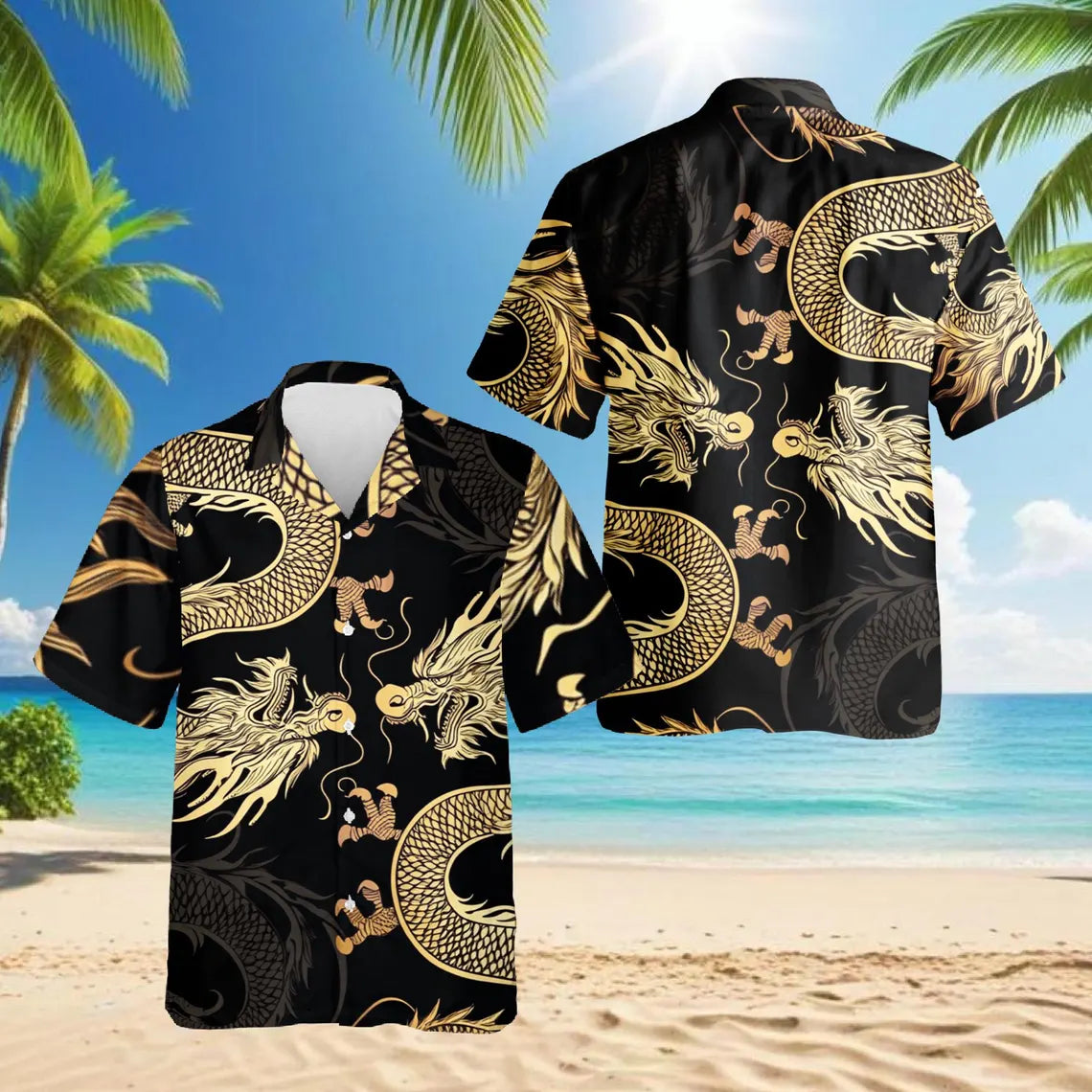 Japanese Dragon Hawaiian Shirt, Dragon Aloha Button Up, Unique Beach Shirt
