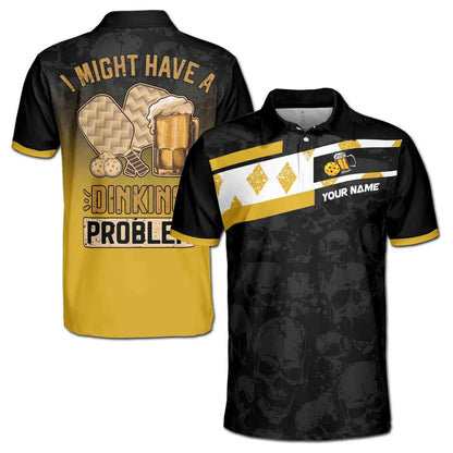 Customize Name Pickleball Paddle Beer Skull Pattern 3D Men's Polo Shirt
