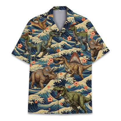 Dinosaur Hawaiian Shirt for Men Women Youth, Vintage Ocean Wave Dino Aloha Shirt