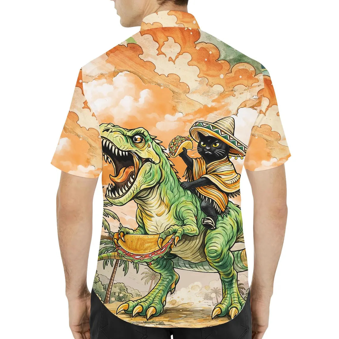 Funny Cat Riding Dinosaur Hawaiian Shirt, Cinco De Mayo Taco T Rex Shirt