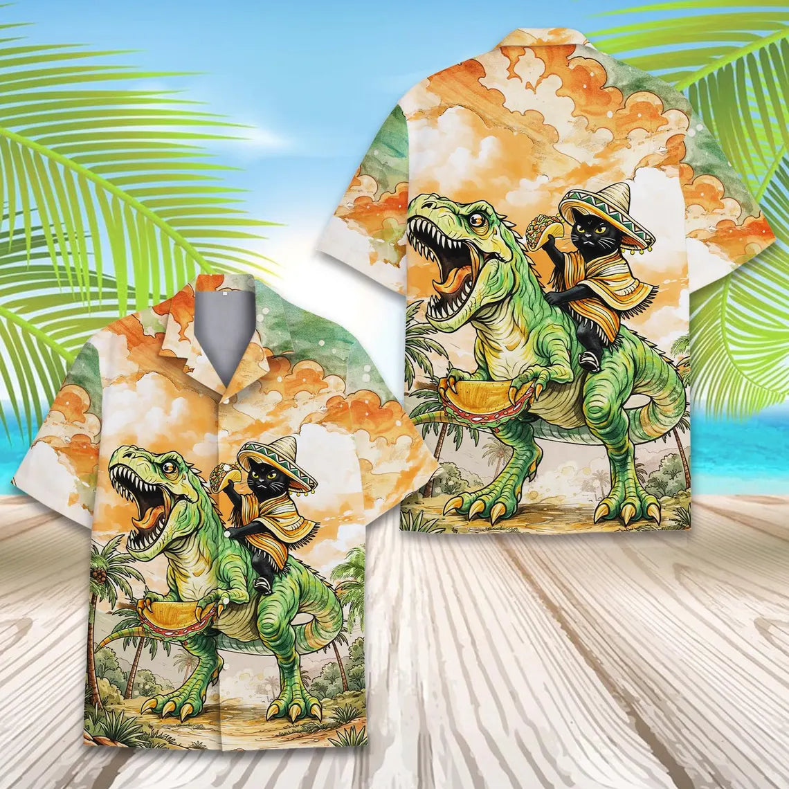 Funny Cat Riding Dinosaur Hawaiian Shirt, Cinco De Mayo Taco T Rex Shirt
