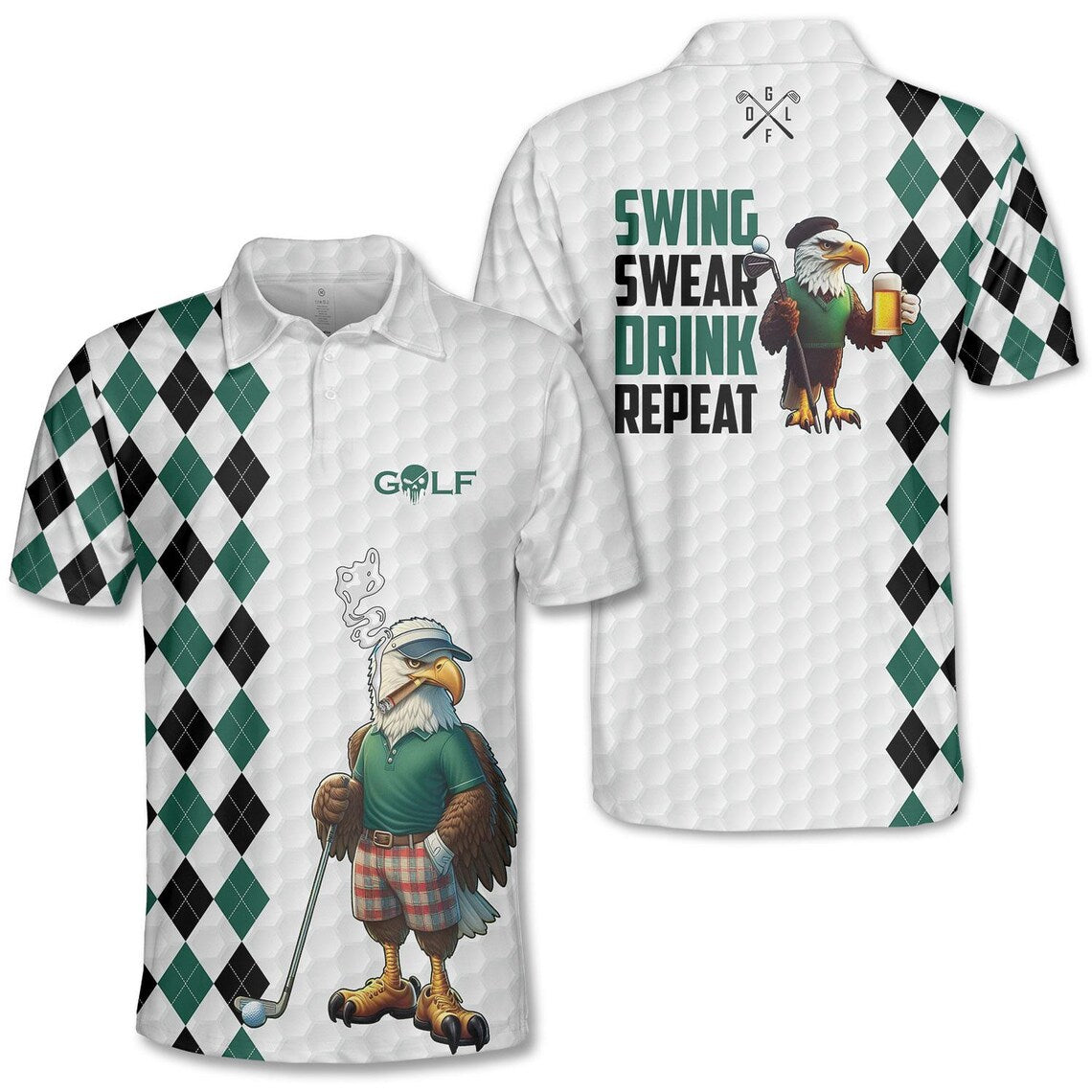 Eagle Golf Polo Shirt: Tropical Golfer, Short Sleeve Button-Up