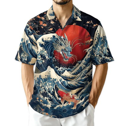 Dragon Koi Hawaiian Shirt, Japanese Dragon Wave Shirt, Asian Art Button Down Shirt