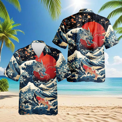 Dragon Koi Hawaiian Shirt, Japanese Dragon Wave Shirt, Asian Art Button Down Shirt