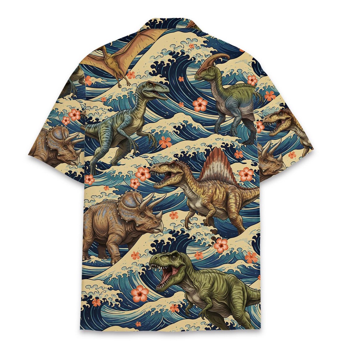 Dinosaur Hawaiian Shirt for Men Women Youth, Vintage Ocean Wave Dino Aloha Shirt