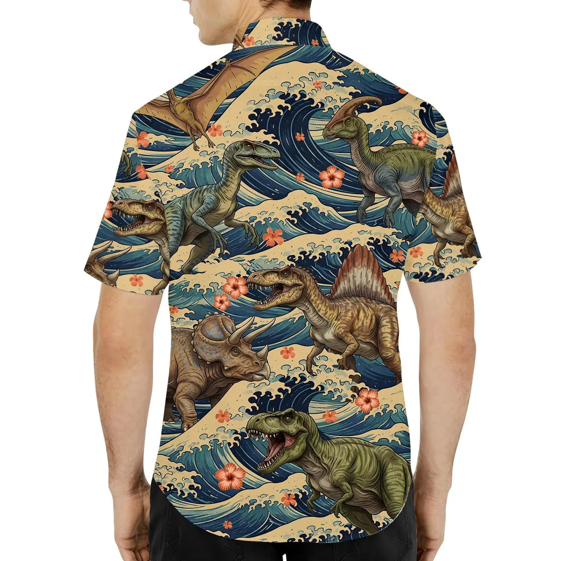 Dinosaur Hawaiian Shirt for Men Women Youth, Vintage Ocean Wave Dino Aloha Shirt
