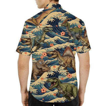 Dinosaur Hawaiian Shirt for Men Women Youth, Vintage Ocean Wave Dino Aloha Shirt