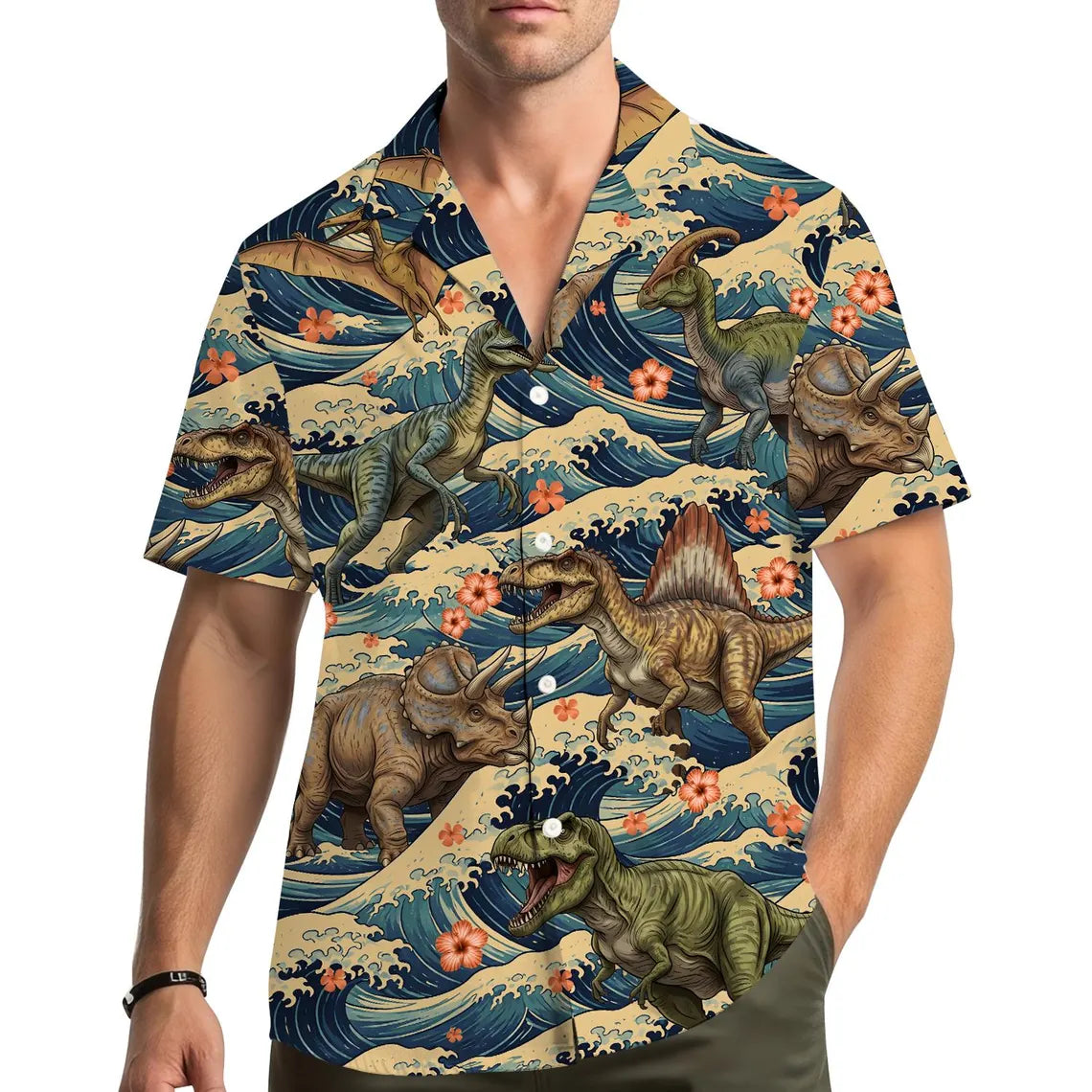 Dinosaur Hawaiian Shirt for Men Women Youth, Vintage Ocean Wave Dino Aloha Shirt