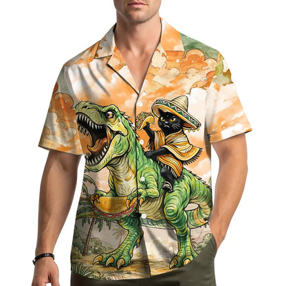 Funny Cat Riding Dinosaur Hawaiian Shirt, Cinco De Mayo Taco T Rex Shirt