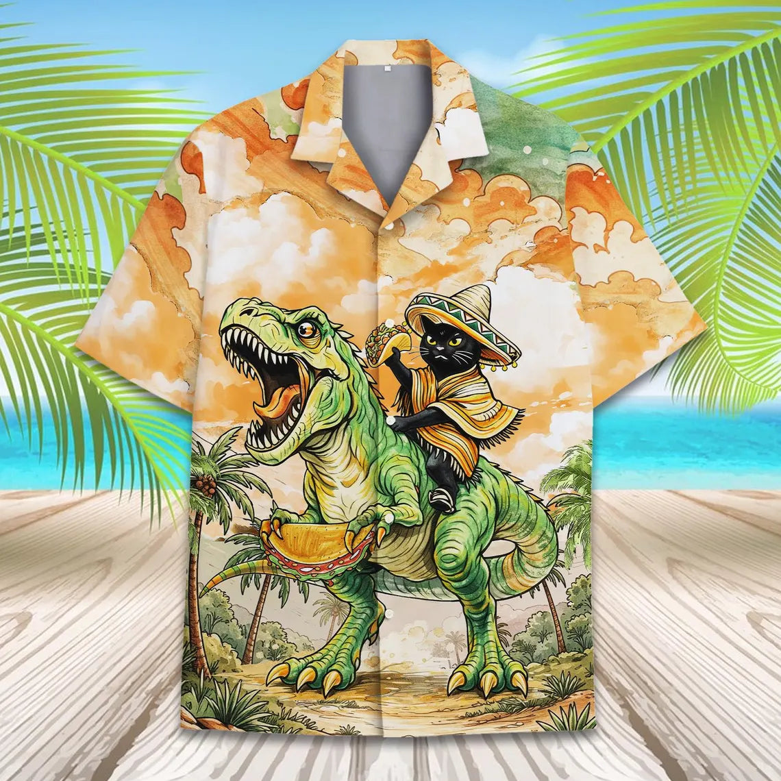 Funny Cat Riding Dinosaur Hawaiian Shirt, Cinco De Mayo Taco T Rex Shirt