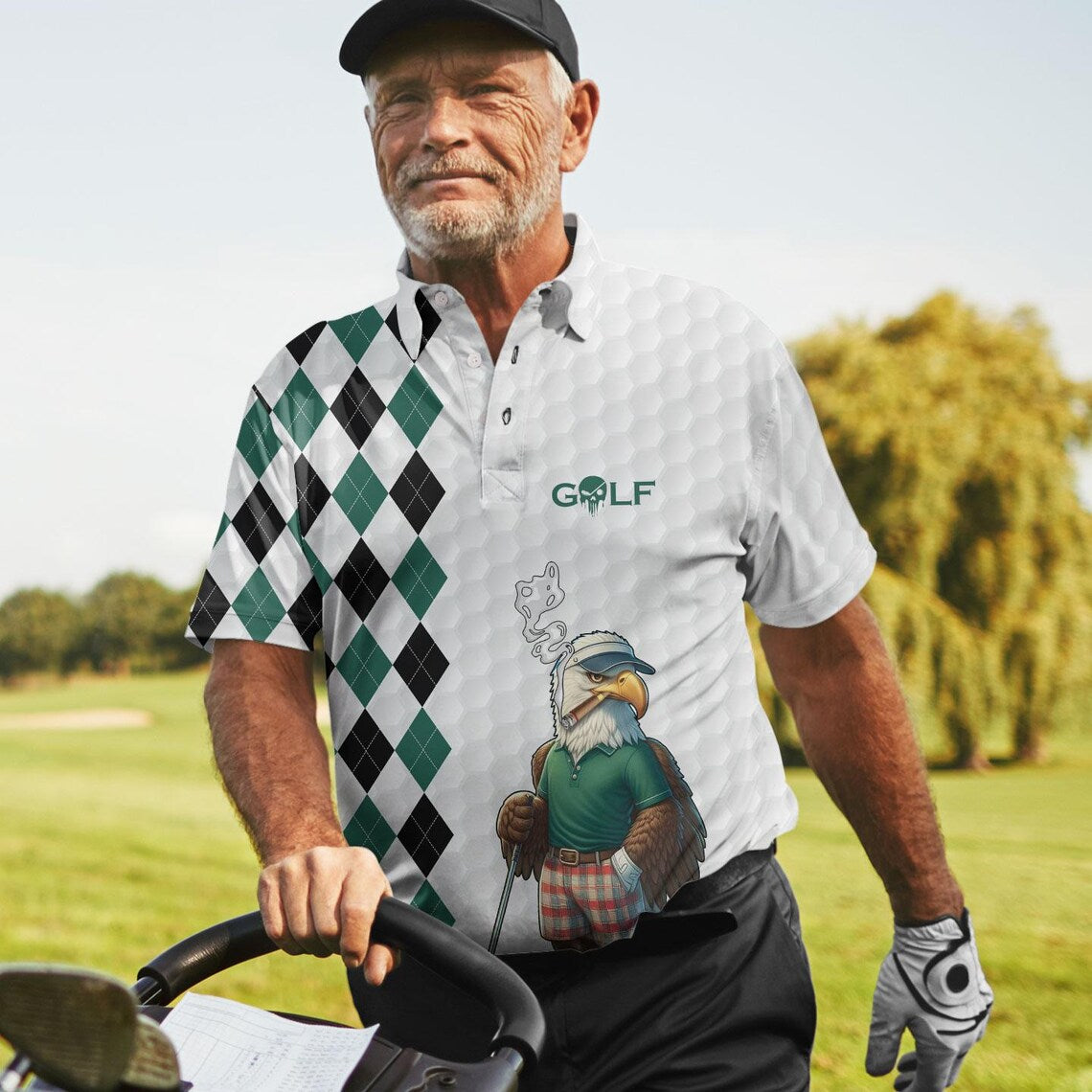Eagle Golf Polo Shirt: Tropical Golfer, Short Sleeve Button-Up