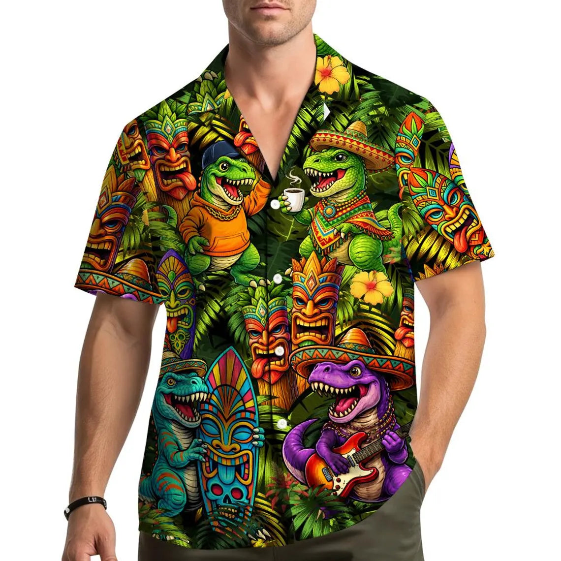 Tropical Dinosaur Taco Hawaiian Shirt Adult Youth, T-Rex Tiki Sombrero Tropical Food Shirt