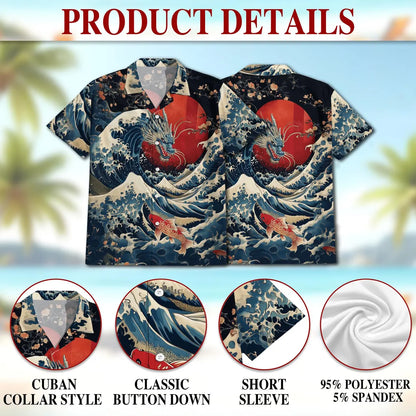 Dragon Koi Hawaiian Shirt, Japanese Dragon Wave Shirt, Asian Art Button Down Shirt