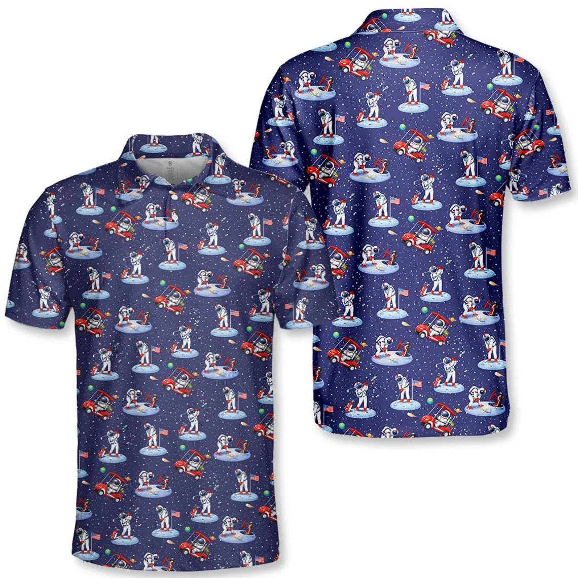 Astronaut Golf Polo Shirt for Men Women, Space Galaxy Shirt, Button Up Short Sleeve Shirt