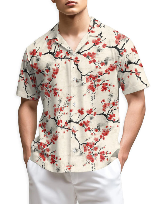 Cherry Blossom Hawaiian Shirt, Sakura Aloha Shirt, Japanese Ink Art Floral Shirt