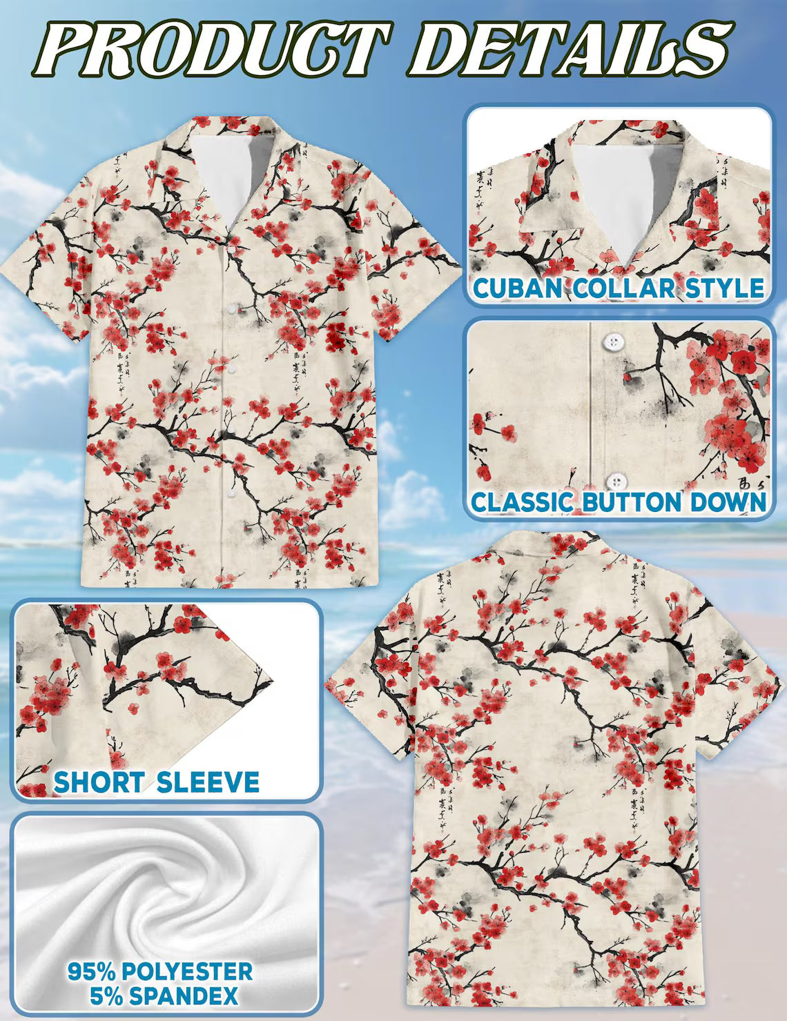 Cherry Blossom Hawaiian Shirt, Sakura Aloha Shirt, Japanese Ink Art Floral Shirt