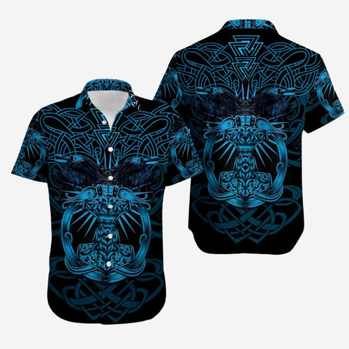 Viking Raven Mjolnir Hawaiian Shirt, Blue Black Norse Celtic Knot Button Up
