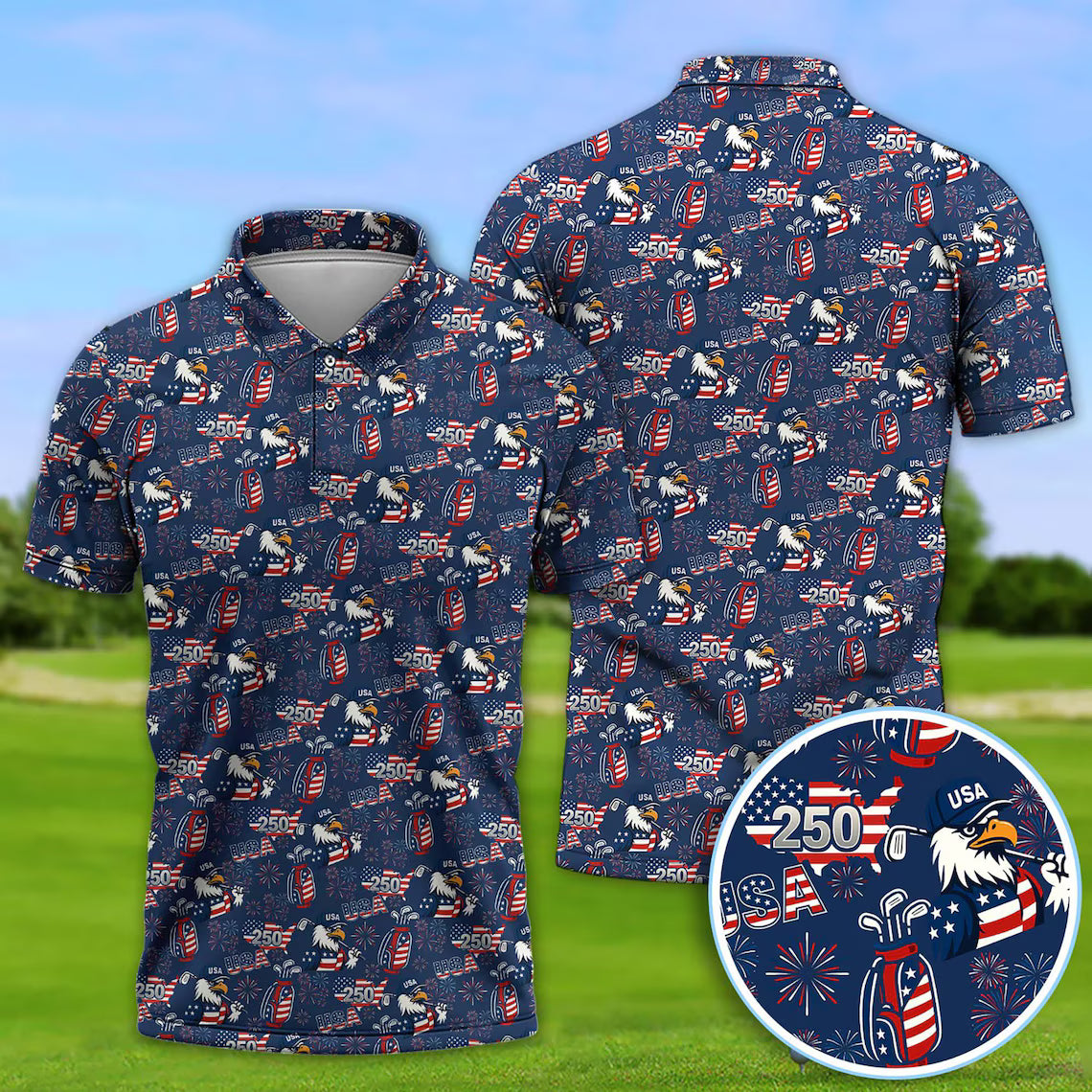 250 USA Birthday Golf Polos, Patriotic Bald Eagle American Flag Shirt