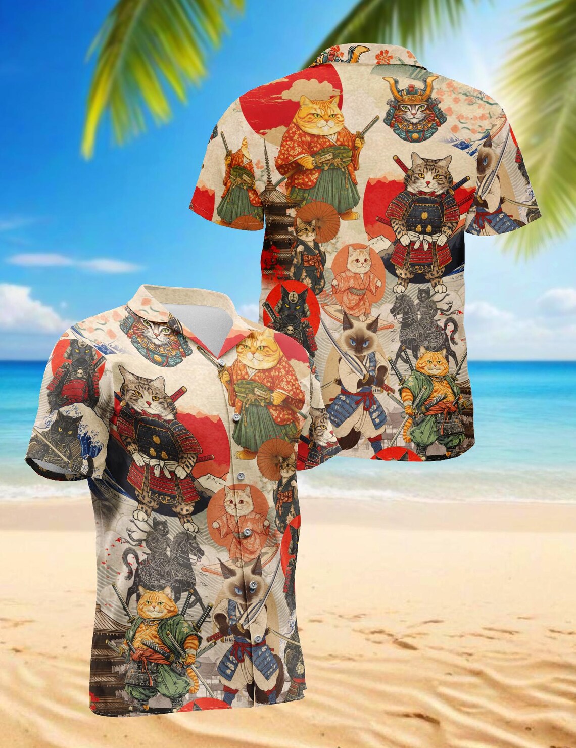 Japanese Samurai Cat Hawaiian Shirt, Funny Samurai Kitty Aloha Shirt