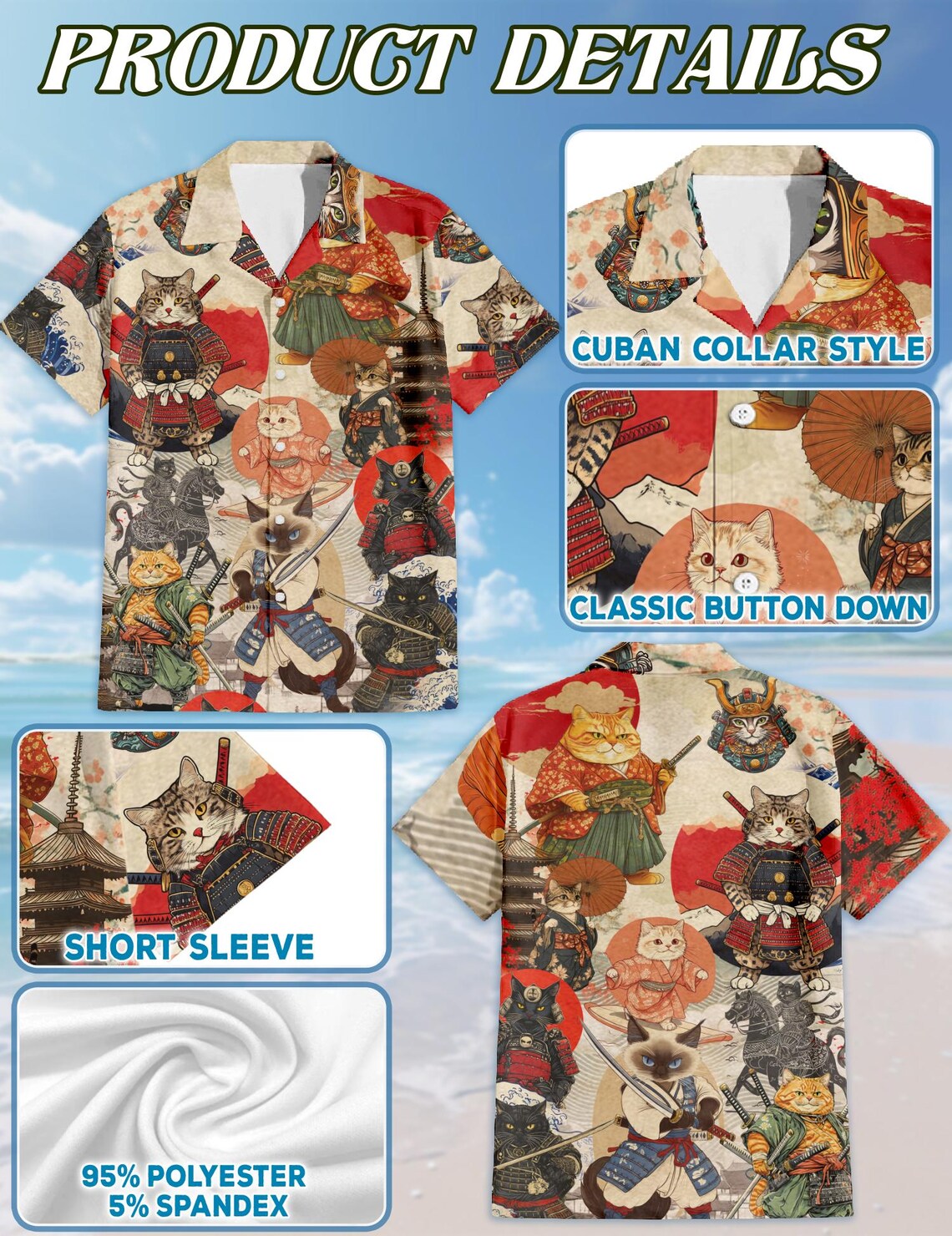 Japanese Samurai Cat Hawaiian Shirt, Funny Samurai Kitty Aloha Shirt