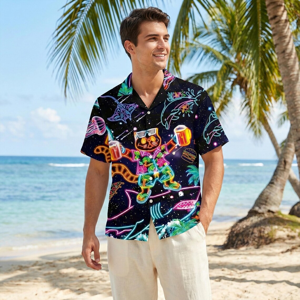 Neon Cat And Shark Hawaiian Shirt, Retro Space Party Animals Button Up, Psychedelic Dolphin Jellyfish Beach Wear