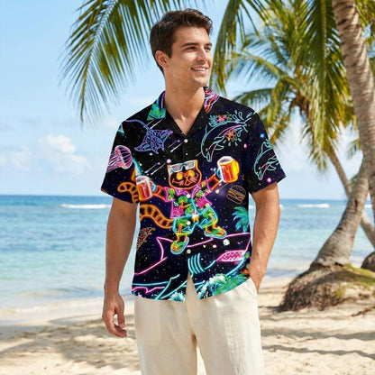 Neon Cat And Shark Hawaiian Shirt, Retro Space Party Animals Button Up, Psychedelic Dolphin Jellyfish Beach Wear