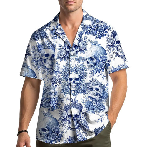 Floral Skull Hawaiian Shirt for Men Women Youth, Tropical Skull Aloha Shirt Short Sleeve Button Down Summer Shirt, Retro Gothic Beachwear