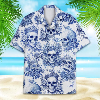 Floral Skull Hawaiian Shirt for Men Women Youth, Tropical Skull Aloha Shirt Short Sleeve Button Down Summer Shirt, Retro Gothic Beachwear