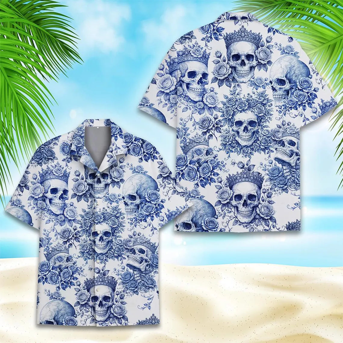 Floral Skull Hawaiian Shirt for Men Women Youth, Tropical Skull Aloha Shirt Short Sleeve Button Down Summer Shirt, Retro Gothic Beachwear