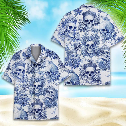 Floral Skull Hawaiian Shirt for Men Women Youth, Tropical Skull Aloha Shirt Short Sleeve Button Down Summer Shirt, Retro Gothic Beachwear