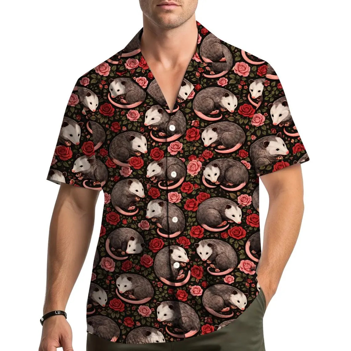 Opossum with Roses Hawaiian Shirt Unisex, Funny Possum Shirt Button Up, Summer Beach Short Sleeve Shirt, Anima Lovers Gift