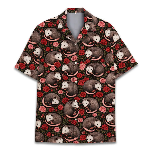 Opossum with Roses Hawaiian Shirt Unisex, Funny Possum Shirt Button Up, Summer Beach Short Sleeve Shirt, Anima Lovers Gift