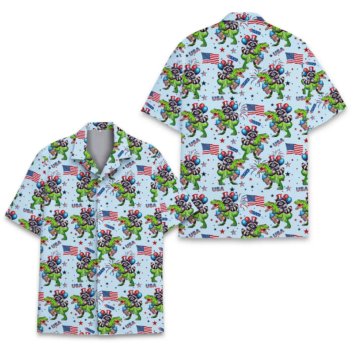 Patriotic Raccoon Dinosaur Hawaiian Shirt Men Women Youth, Funny USA Raccoon Riding T Rex Aloha Shirt, 4th of July Short Sleeve Button Down