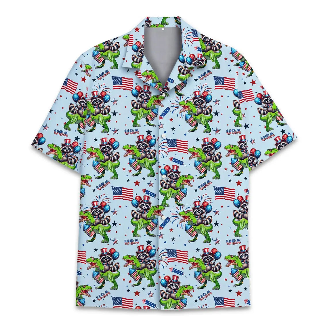 Patriotic Raccoon Dinosaur Hawaiian Shirt Men Women Youth, Funny USA Raccoon Riding T Rex Aloha Shirt, 4th of July Short Sleeve Button Down