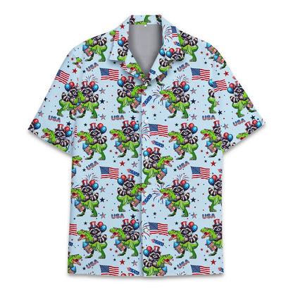Patriotic Raccoon Dinosaur Hawaiian Shirt Men Women Youth, Funny USA Raccoon Riding T Rex Aloha Shirt, 4th of July Short Sleeve Button Down