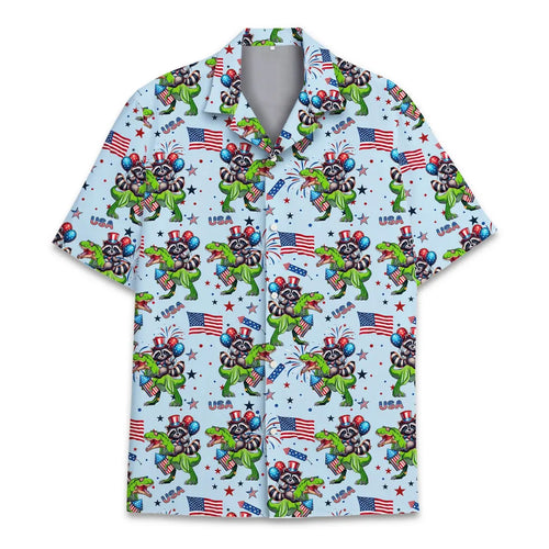 Patriotic Raccoon Dinosaur Hawaiian Shirt Men Women Youth, Funny USA Raccoon Riding T Rex Aloha Shirt, 4th of July Short Sleeve Button Down