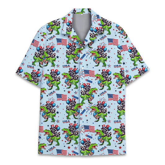Patriotic Raccoon Dinosaur Hawaiian Shirt Men Women Youth, Funny USA Raccoon Riding T Rex Aloha Shirt, 4th of July Short Sleeve Button Down