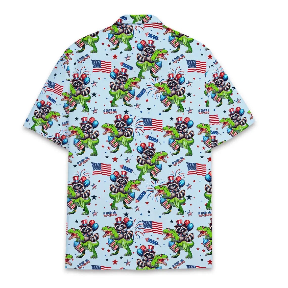 Patriotic Raccoon Dinosaur Hawaiian Shirt Men Women Youth, Funny USA Raccoon Riding T Rex Aloha Shirt, 4th of July Short Sleeve Button Down