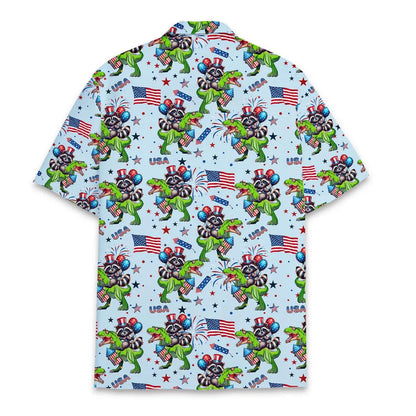Patriotic Raccoon Dinosaur Hawaiian Shirt Men Women Youth, Funny USA Raccoon Riding T Rex Aloha Shirt, 4th of July Short Sleeve Button Down