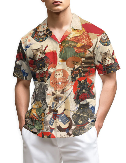 Japanese Samurai Cat Hawaiian Shirt, Funny Samurai Kitty Aloha Shirt