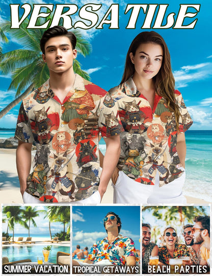 Japanese Samurai Cat Hawaiian Shirt, Funny Samurai Kitty Aloha Shirt