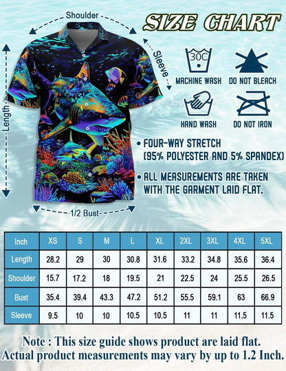 Neon Shark Hawaiian Shirt, Colorful Ocean Aloha Shirt, Underwater Sea Life Button Up Shirt