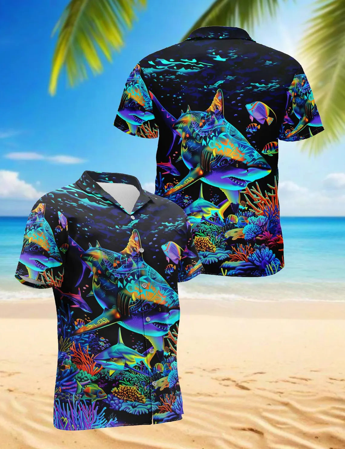 Neon Shark Hawaiian Shirt, Colorful Ocean Aloha Shirt, Underwater Sea Life Button Up Shirt