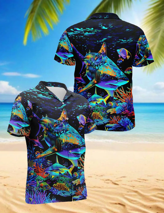 Neon Shark Hawaiian Shirt, Colorful Ocean Aloha Shirt, Underwater Sea Life Button Up Shirt