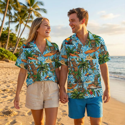 Tiki Tribal Hawaiian Shirt, Tropical Island Summer Beach Wear