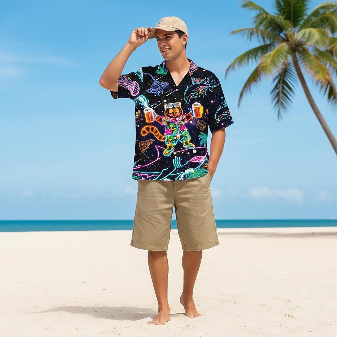 Neon Cat And Shark Hawaiian Shirt, Retro Space Party Animals Button Up, Psychedelic Dolphin Jellyfish Beach Wear